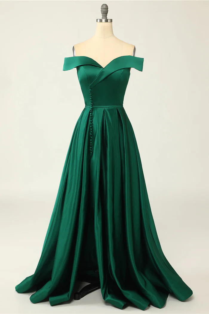 Robe Weitese verte à épaules dénudées en satin, robe longue trapèze, robe de bal sans manches, couleur unie, boutons, robe de soirée